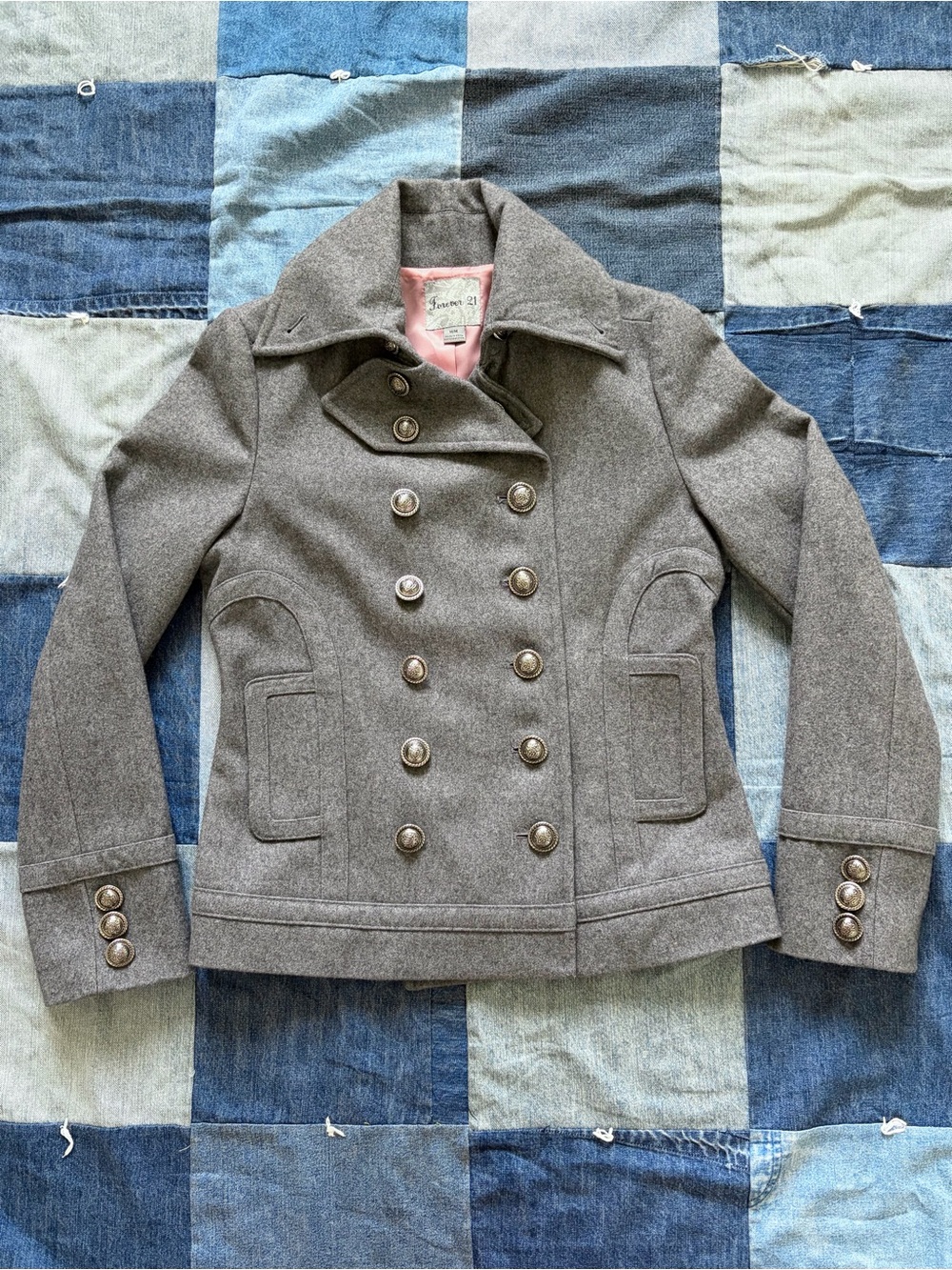 forever 21 grey wool peacoat double breasted button up pink lining size M